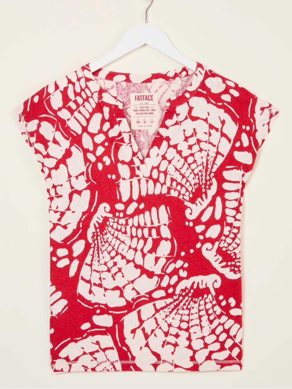 FatFace Red White Cream Linen Cotton Blend Beach Print Notch Neck Top Size 6